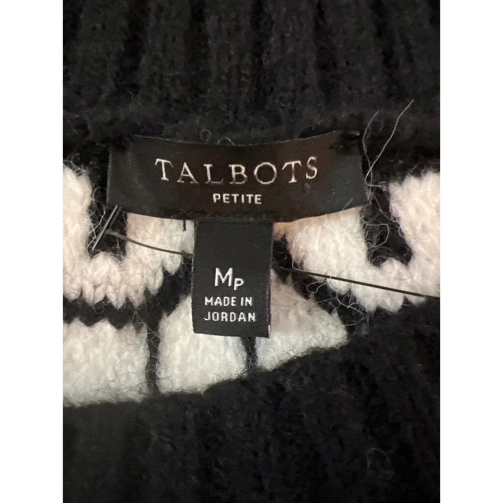 Talbots Petite‎ Womens Medium PM Black White Fair Isle Knit Pullover Sweater